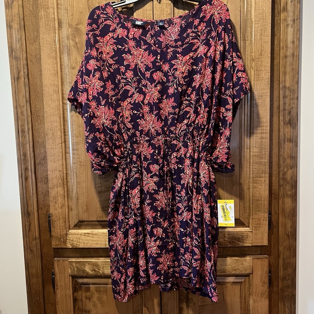 Land's End Purple Floral Gathered Waist Kaftan Swim Coverup Dress NWT Sz Medium